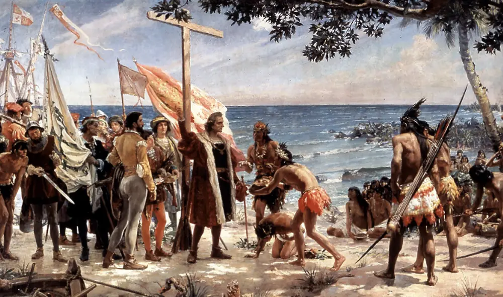 Pintura "Primer homenaje a Colón (12 de octubre de 1492)" de José Garnelo en 1892. La obra muestra el desembarco de Colón al Nuevo Mundo en la isla de Guanahani (Lucayas o Bahamas) y la toma de posesión de los nuevos territorios en nombre de los reyes, el 12 de octubre de 1492. Foto: Museo Naval de España