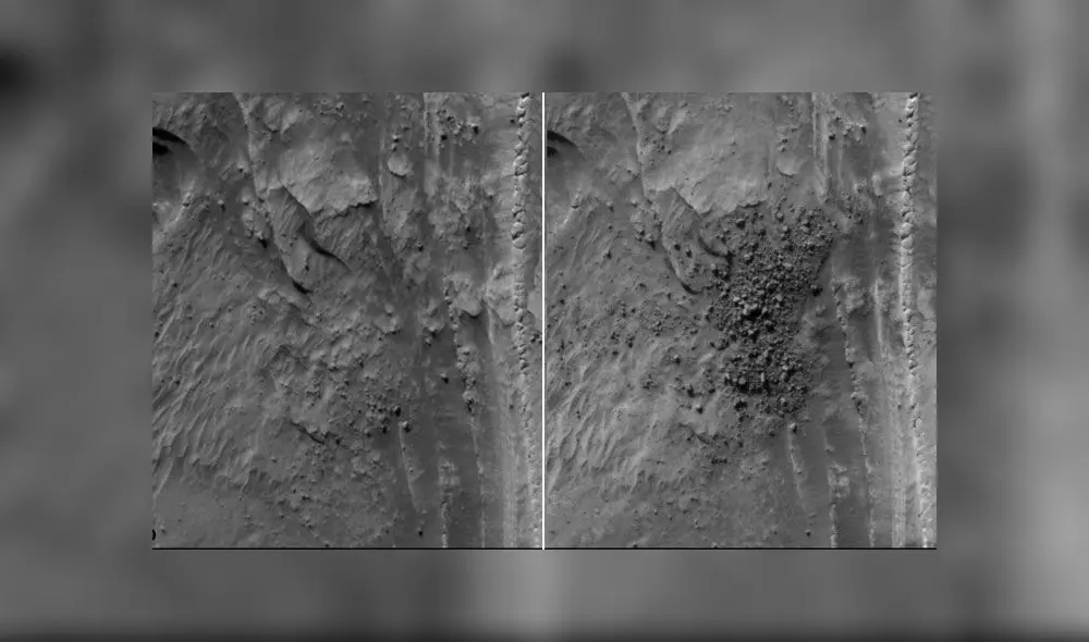 De izquierda a derecha: antes y después de la región del polo norte de Marte captada por la NASA. Crédito: HiRISE.