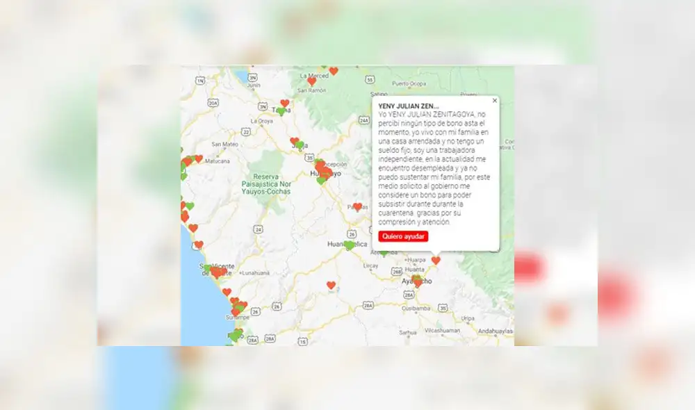 Cada corazón representa un caso con un resumen para entender la situación. Foto: Captura del sitio web. Cada corazón representa un caso con un resumen para entender la situación. Foto: Captura del sitio web.