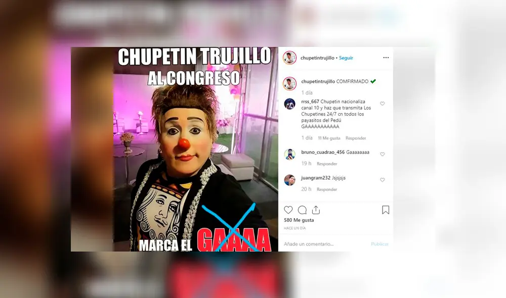 El payaso trujillano usó su Facebook e Instagram para ‘anunciar’ su candidatura al Parlamento, pero aquí te contamos la verdad. Foto: captura El payaso trujillano usó su Facebook e Instagram para ‘anunciar’ su candidatura al Parlamento, pero aquí te contamos la verdad. Foto: captura
