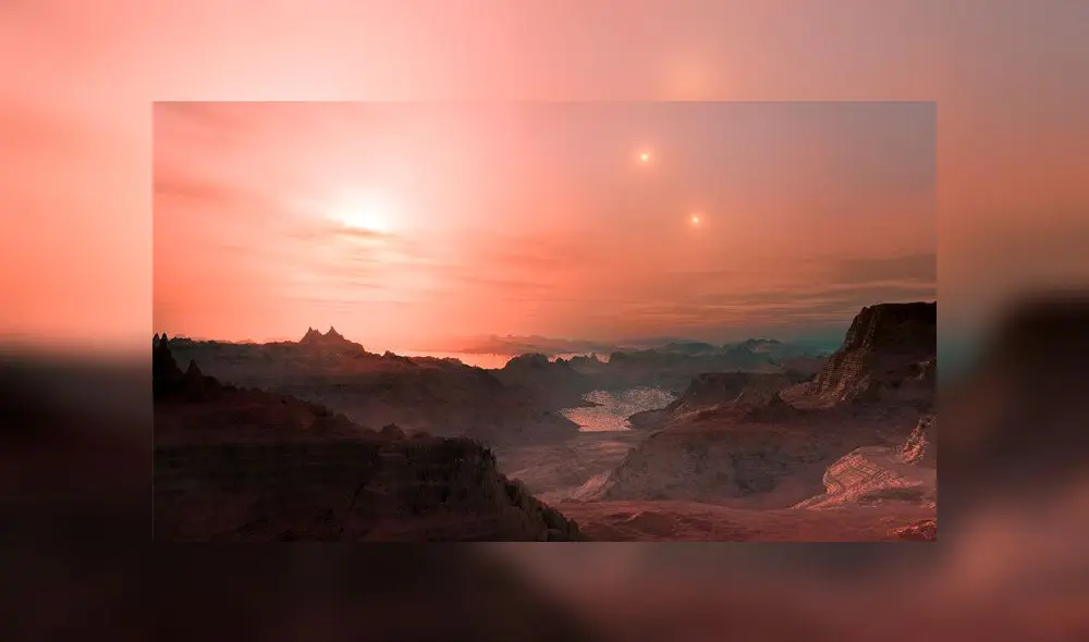 Este cielo sería similar al del planeta LTT 1445 Ab, que orbita una estrella primaria a la vez que es iluminado por dos estrellas más lejanas. Ilustración/ESA.