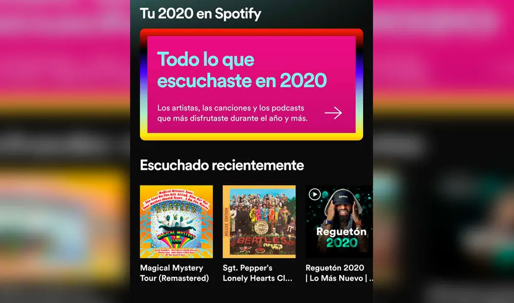 Así luce el nuevo apartado Wrapped de Spotify para 2020, un detallado resumen de lo que más escuchaste en el año. Foto: Captura