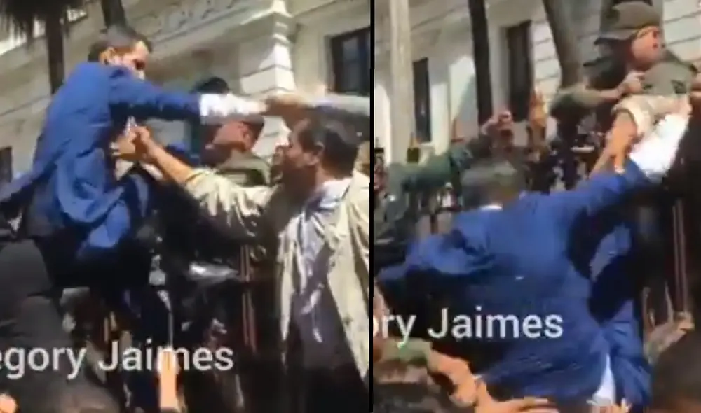 Guaidó y varios diputados de la mayoría opositora legislativa no pudieron ingresar al Palacio Legislativo debido a piquetes policiales y militares. Foto: Captura. Guaidó y varios diputados de la mayoría opositora legislativa no pudieron ingresar al Palacio Legislativo debido a piquetes policiales y militares. Foto: Captura.