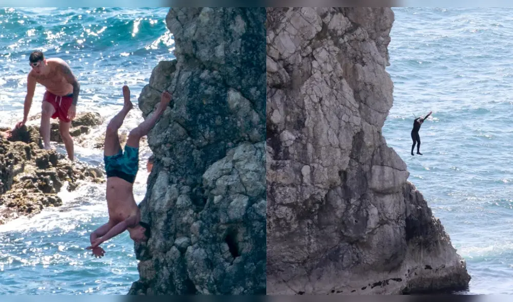 Bañistas realizan peligrosas maniobras aventándose del arco natural de piedra Durdle Door. (Foto: PA: Asociación de prensa) Bañistas realizan peligrosas maniobras aventándose del arco natural de piedra Durdle Door. (Foto: PA: Asociación de prensa)
