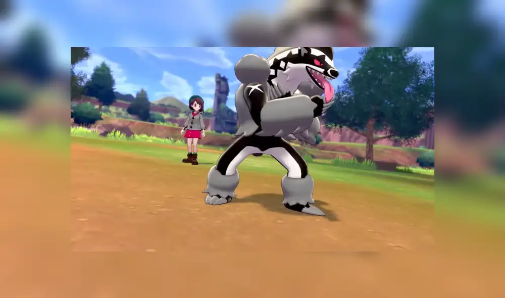 Linoone, evolución de Zigzagoon, se transforma en Obstagoon utilizando una banda Kiss en Pokémon Shield and Sword.
