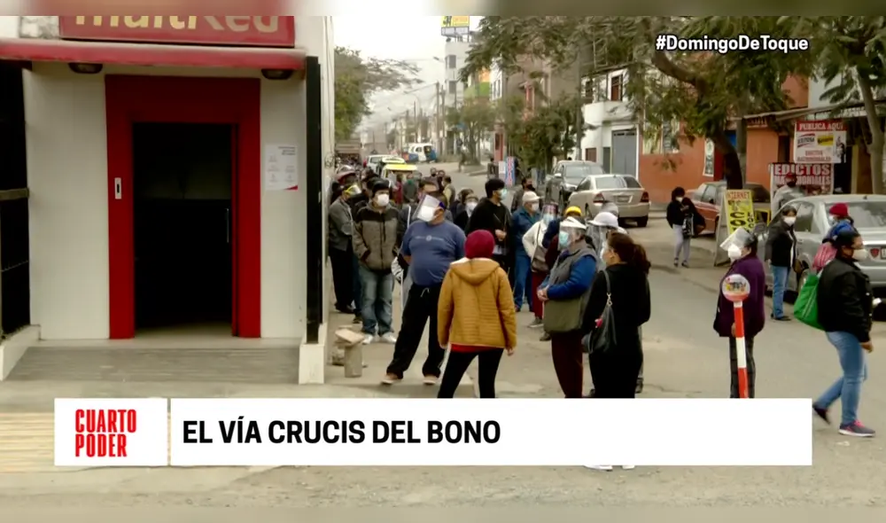 El pago al segundo grupo del Bono familiar universal inició el martes pasado y en el Banco de la Nación se formaron largas colas. /Créditos: Captura de pantalla - Cuarto Poder El pago al segundo grupo del Bono familiar universal inició el martes pasado y en el Banco de la Nación se formaron largas colas. /Créditos: Captura de pantalla - Cuarto Poder