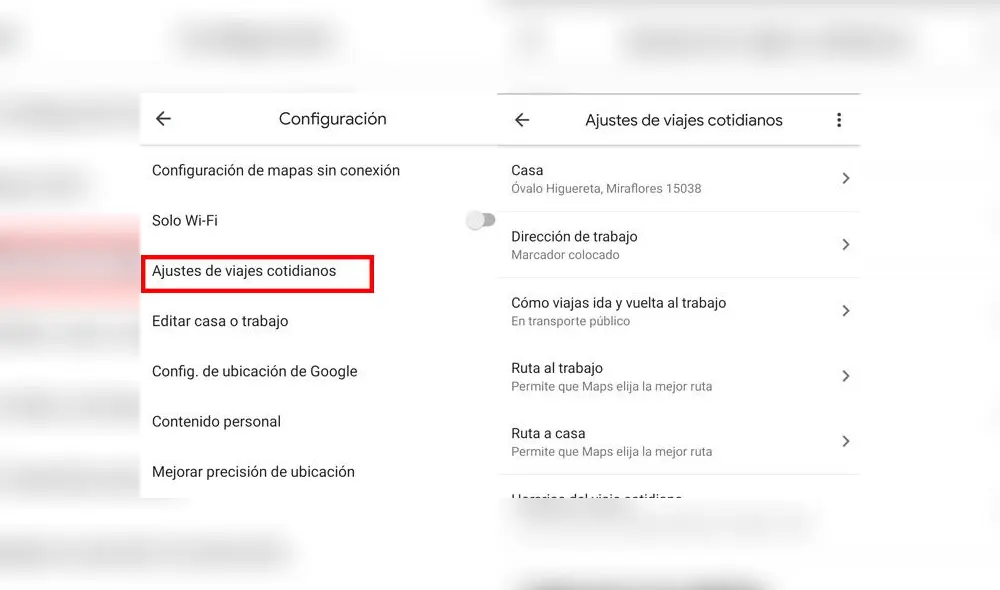 Ajustes de viajes cotidianos en Google Maps.