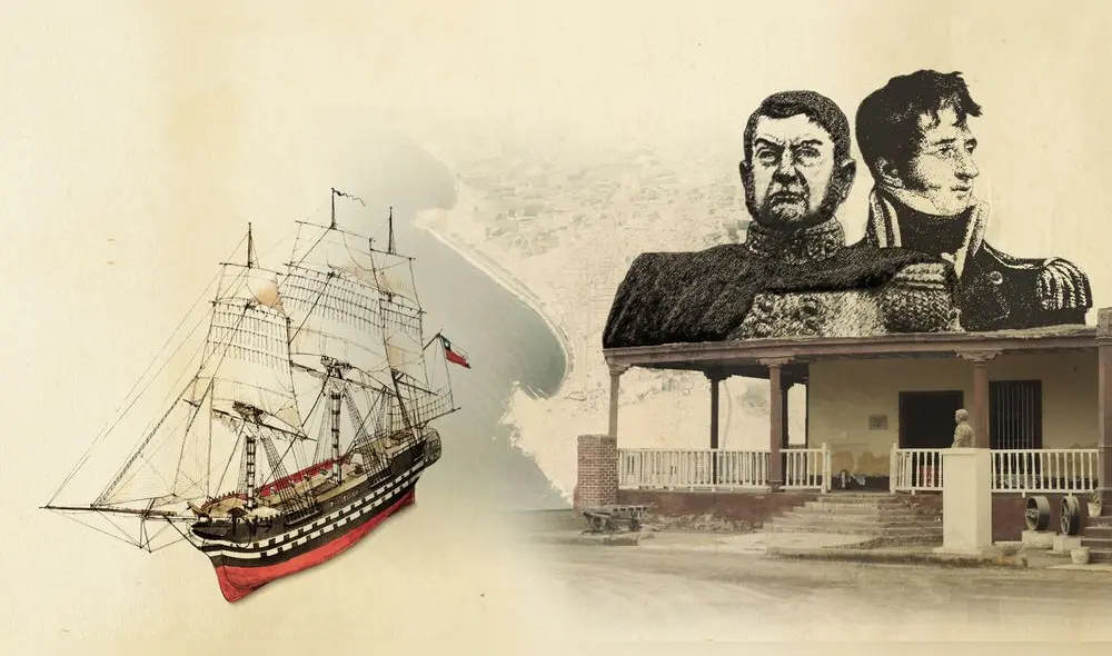 Créditos: Imagen del barco: Archivo y Biblioteca Histórica de la Armada de Chile. fotos casa hacienda y busto de San Martín: Bruno Gutiérrez Torero. GrabadO de Lord Thomas Cochrane: retrato de Stroehli. Archivo Histórico de la Marína de Guerra del Perú.