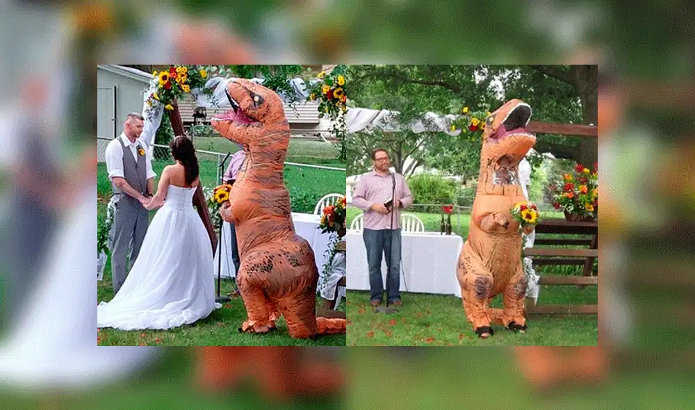 Asiste a la boda de su hermana disfrazada de dinosaurio ‘rex’ [VIDEO]