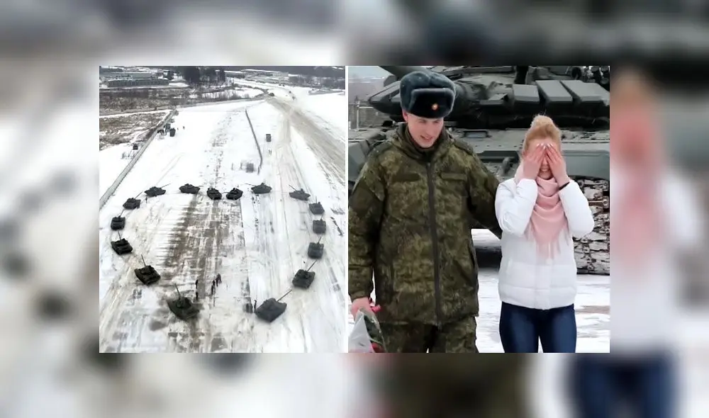 Militar ruso le pide matrimonio a su novia con un corazón hecho de tanques [VIDEO]