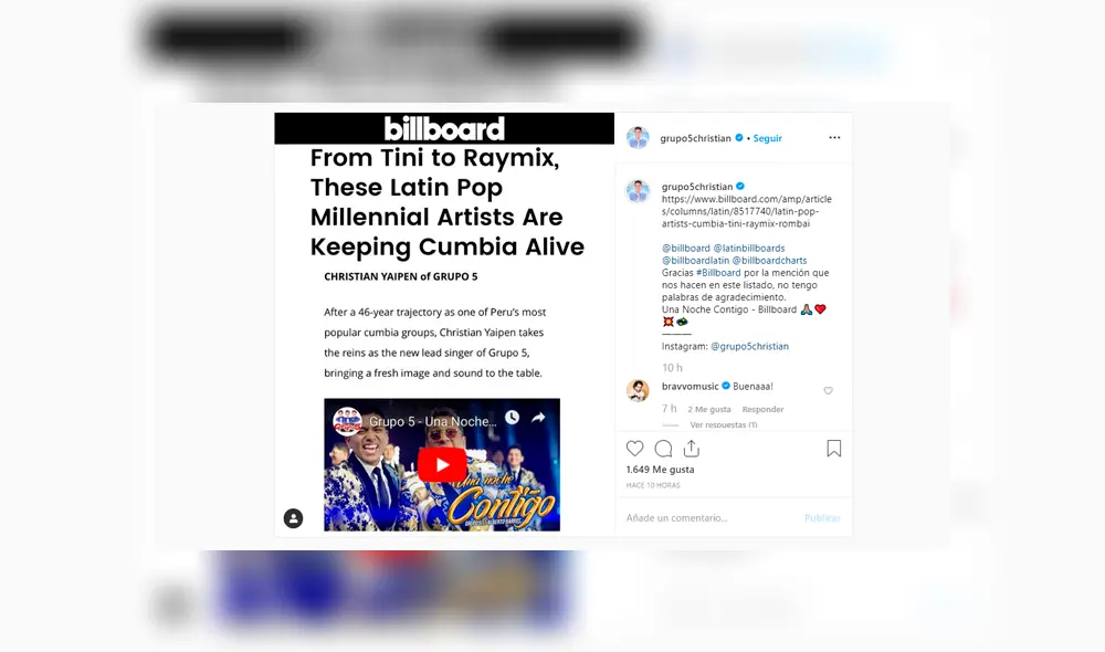Grupo 5: Billboard incluye a Christian Yaipén en lista de artistas que mantienen viva la cumbia