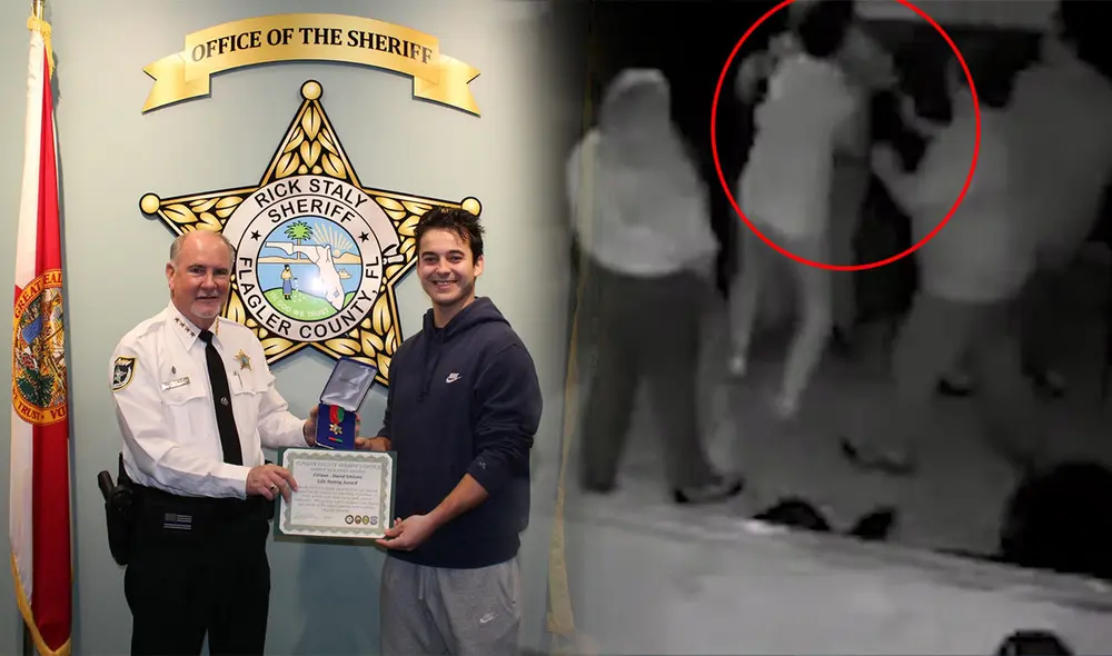 El joven fue reconocido por su valiente accionar en el bar de Florida donde trabajaba. Foto: composición LR/Oficina del Sheriff del Condado de Flagler/captura FOX 35 Orlando El joven fue reconocido por su valiente accionar en el bar de Florida donde trabajaba. Foto: composición LR/Oficina del Sheriff del Condado de Flagler/captura FOX 35 Orlando