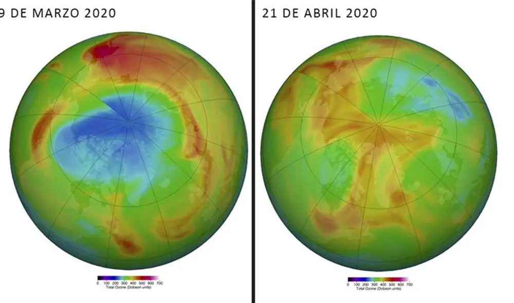 Comparación de los niveles de ozono en el Ártico el día 29 de marzo y 21 de abril de 2020. Fuente: NASA. Comparación de los niveles de ozono en el Ártico el día 29 de marzo y 21 de abril de 2020. Fuente: NASA.