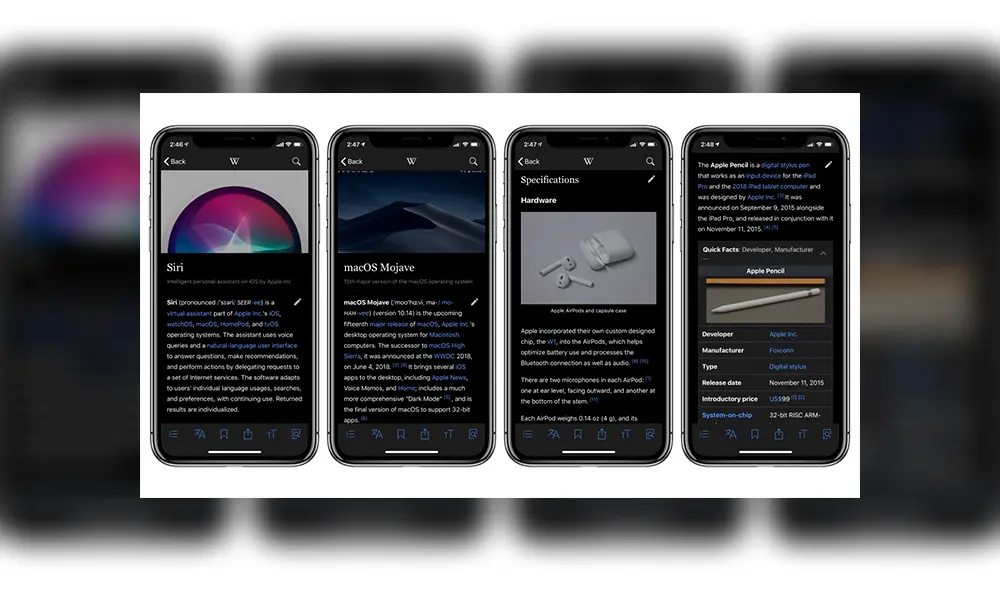 El modo oscuro de Wikipedia en iPhone. El modo oscuro de Wikipedia en iPhone.