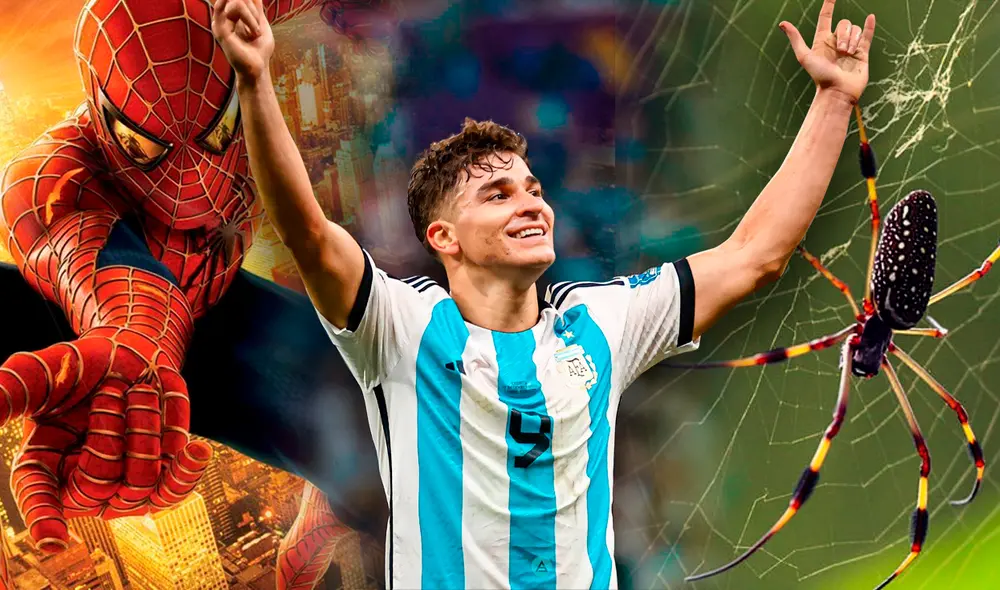 A Julián Álvarez, el delantero de Argentina en el Mundial de Qatar 2022, lo apodan como la 'Araña'. Foto: composición de Fabrizio Oviedo/LR/Spiderman/Difusión/Gelatinagamba