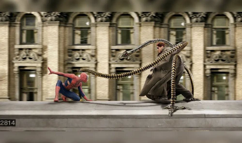 Spiderman y el Doctor Octopus peleando en la segunda película de la saga de Sam Raimi. Foto: EFE/MELISSA MOSELEY.