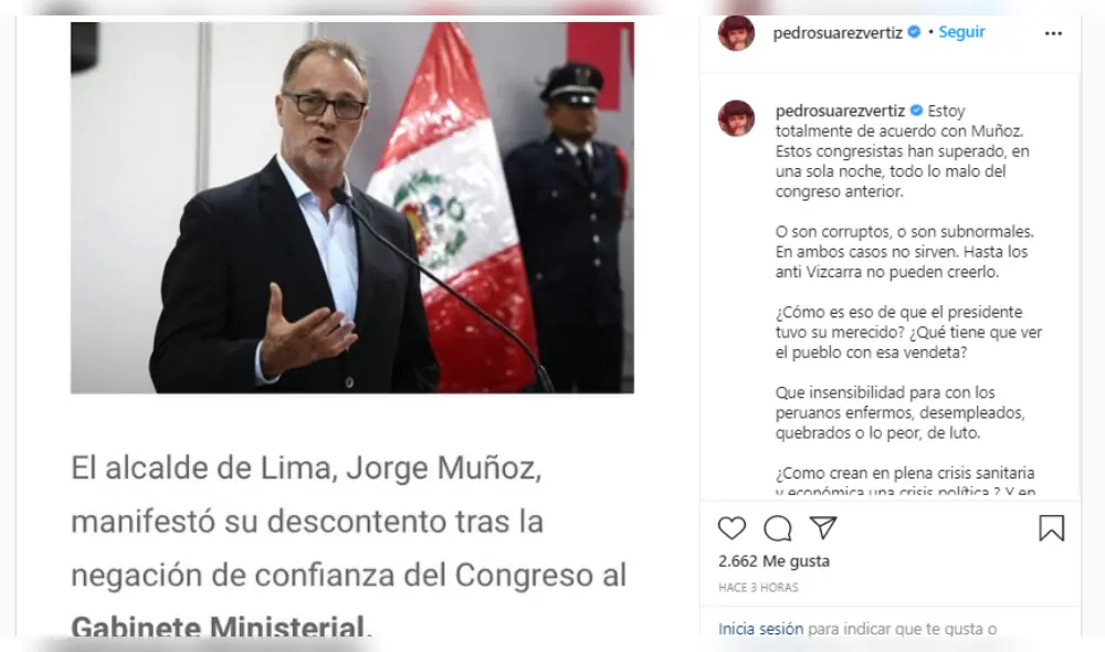 Pedro Suárez Vértiz respalda a Jorge Munoz y mostró su desacuerdo por no otorgar el voto de confianza a Pedro Cateriano