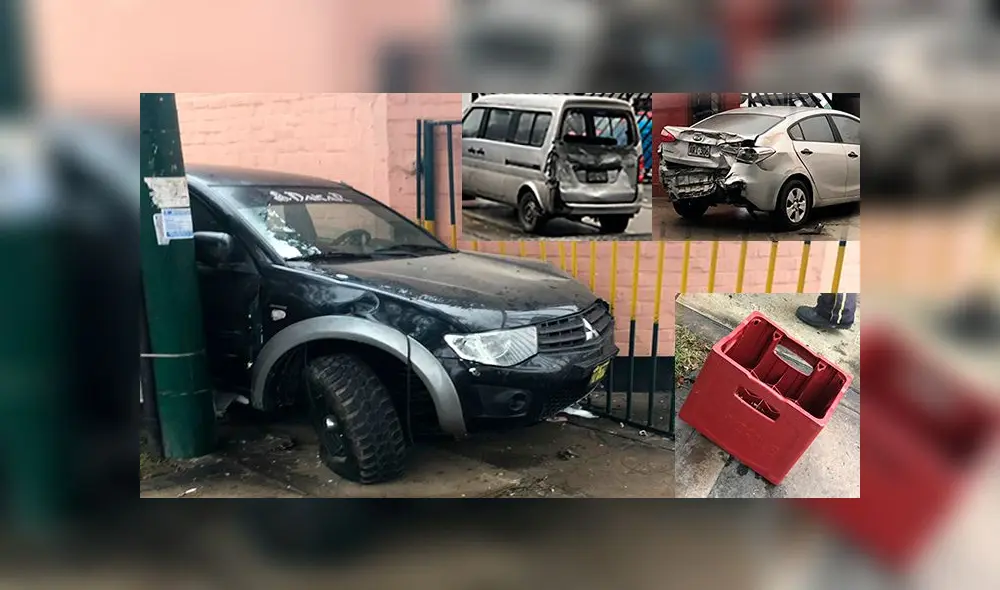 El conductor manejaba el auto de color negro y chocó contra otros dos vehículos que estaban estacionados. Foto: Composición El conductor manejaba el auto de color negro y chocó contra otros dos vehículos que estaban estacionados. Foto: Composición