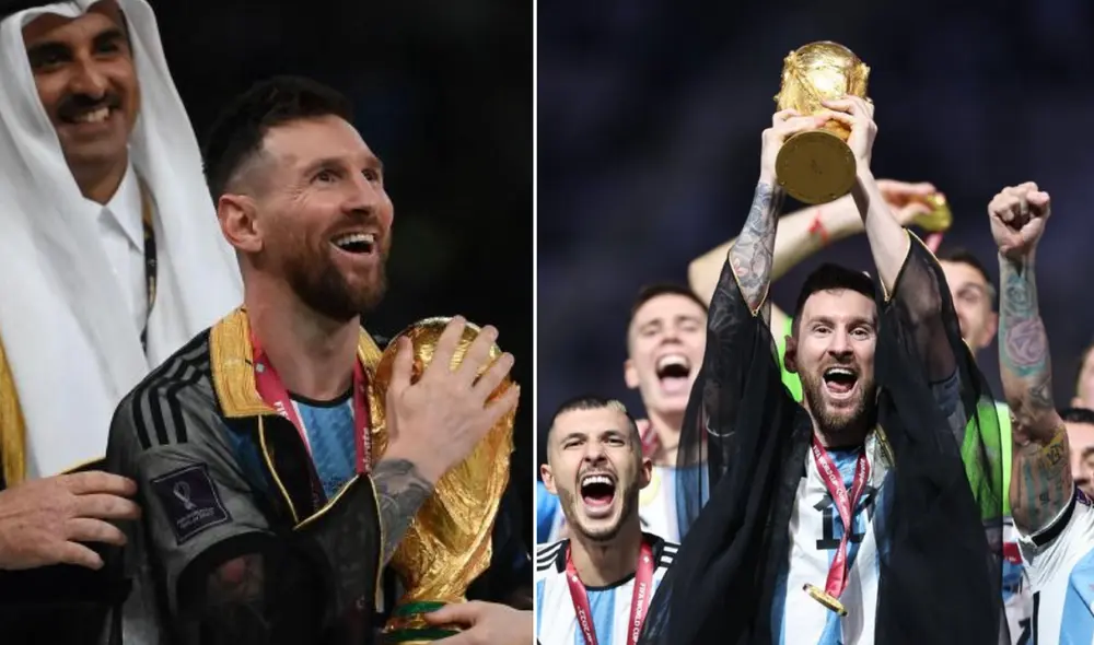 Lionel Messi utilizó la túnica árabe denominada bisht al momento de levantar el trofeo de la Copa del Mundo. Foto: composición LR/AFP/Twitter/@Cris_noticias