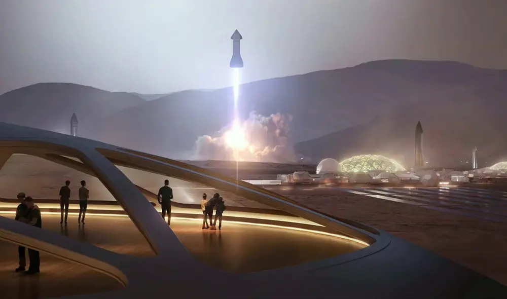 Ilustración de Space X con cohetes despegando desde la superficie de Marte | Foto: SpaceX / Youtube