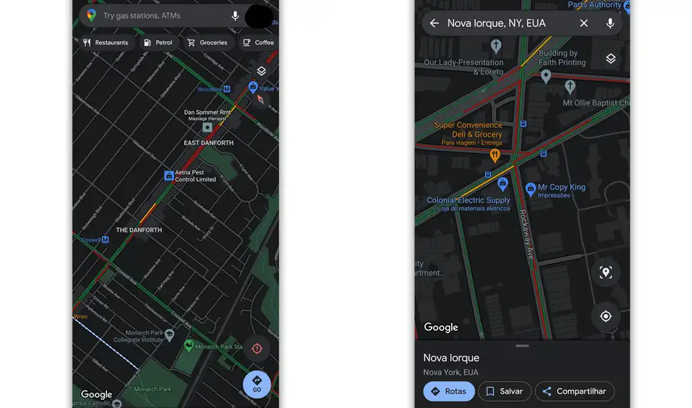 Así luce la nueva interfaz oscura de Google Maps. | Foto: Android Police / 9to5Google