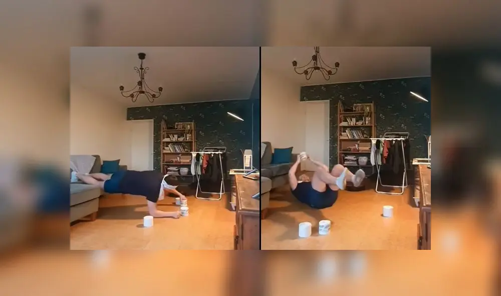 Desliza las imágenes para ver la disparatada rutina de ejercicios que ideó este sujeto con ayuda de papel higiénico. Foto: Captura/Viral Hog