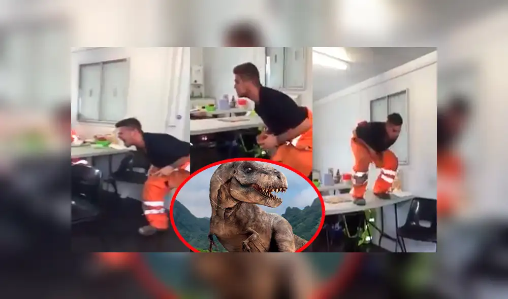 Facebook viral: aprovecha su hora de almuerzo para imitar a dinosaurio y hacer reír a sus amigos [VIDEO]