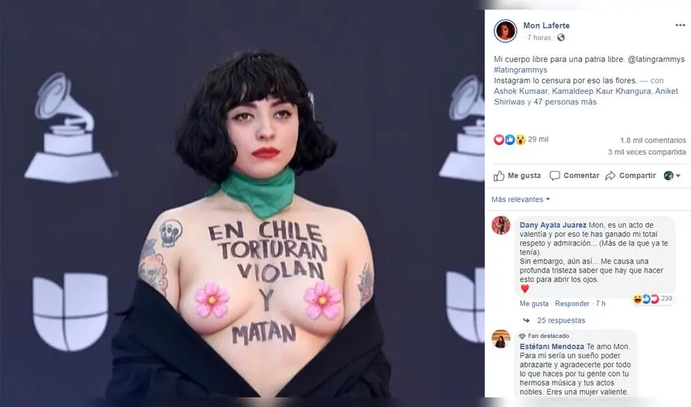 Mon Laferte tras censura en fotos de su busto: “Mi cuerpo libre para una patria libre”