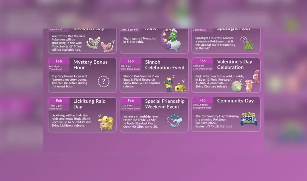 Calendario de febrero en Pokémon GO.