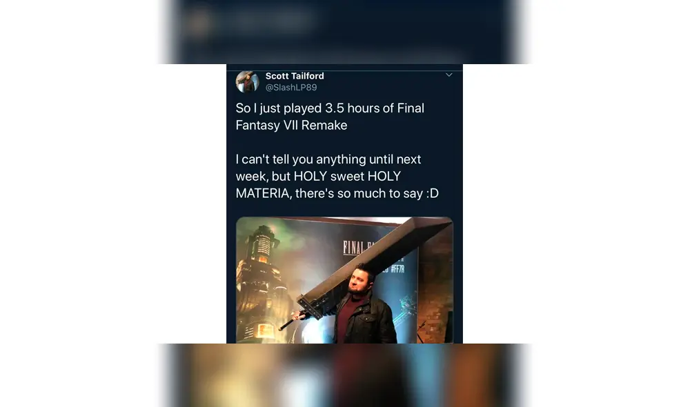 Lo mismo con un tuit de otro influencer que habría asistido a las sesiones de juego cerradas para Final Fantasy VII Remake. Lo mismo con un tuit de otro influencer que habría asistido a las sesiones de juego cerradas para Final Fantasy VII Remake.