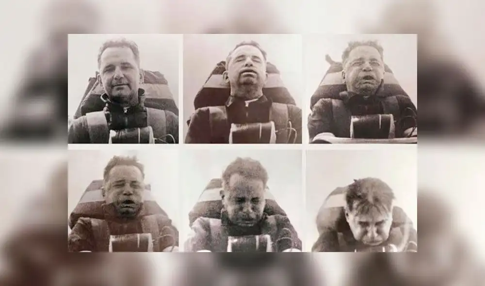 John Stapp investigaba los efectos de la aceleración y desaceleración extrema en el cuerpo humano. Serie de fotografías durante una de sus pruebas, en 1954.