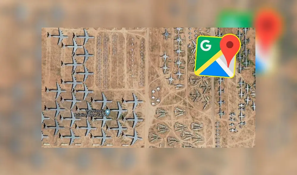 Desliza las imágenes para ver cómo luce el 'cementerio' de aviones ubicado en Arizona, Estados Unidos. Foto: Google