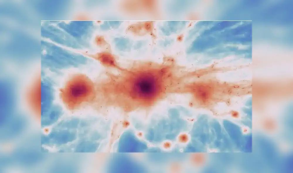 La imagen muestra filamentos en un cúmulo de galaxias masivo utilizando la simulación C-EAGLE. Crédito: Science.