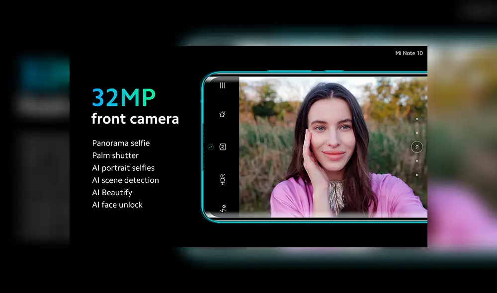 Cámara frontal de 32 MP del Xiaomi Mi Note 10.