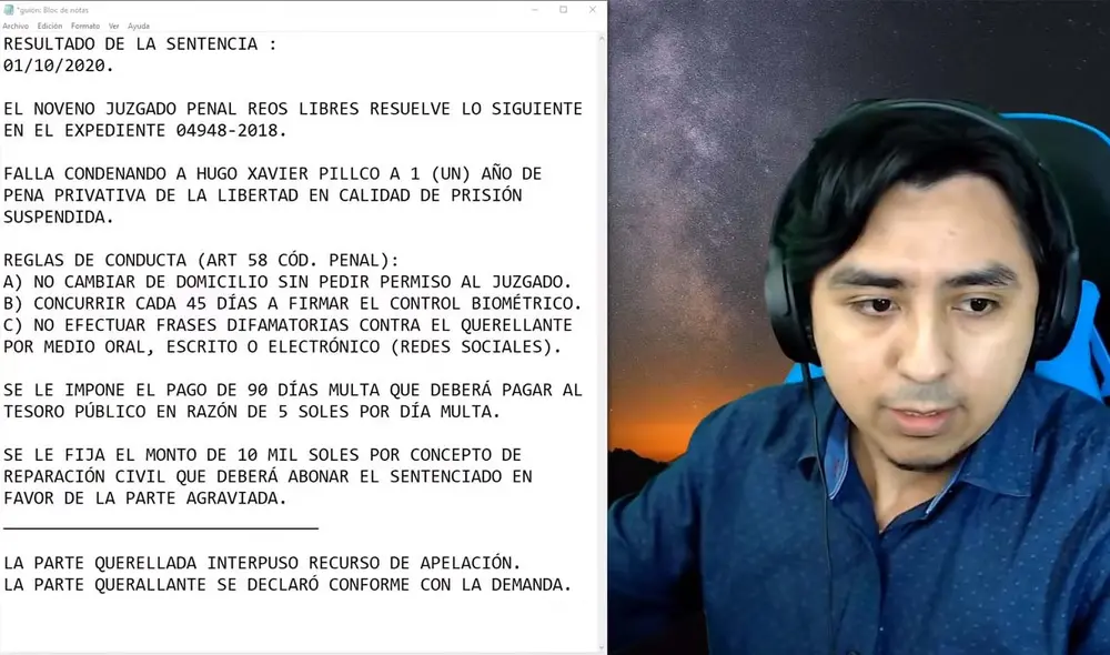 El youtuber leyó la sentencia en una trasmisión en vivo por sus redes sociales.