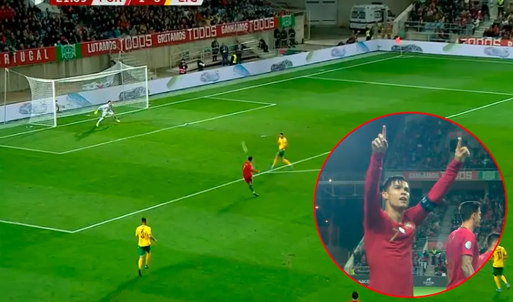 Cristiano Ronaldo marcó un doblete en el partido entre Portugal y Lituania por las Eliminatorias de la Eurocopa 2020. | Foto: ESPN Cristiano Ronaldo marcó un doblete en el partido entre Portugal y Lituania por las Eliminatorias de la Eurocopa 2020. | Foto: ESPN
