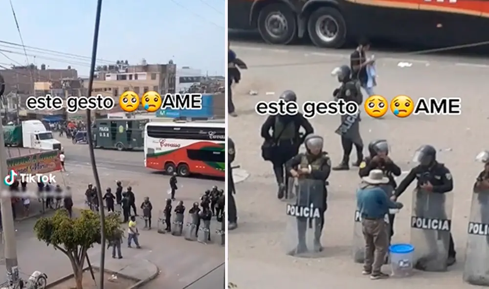 El vendedor no desaprovechó la oportunidad de ofrecer sus dulces al grupo de policías. Foto: composición de LR/ captura de TikTok/@Claudia_vasquez El vendedor no desaprovechó la oportunidad de ofrecer sus dulces al grupo de policías. Foto: composición de LR/ captura de TikTok/@Claudia_vasquez