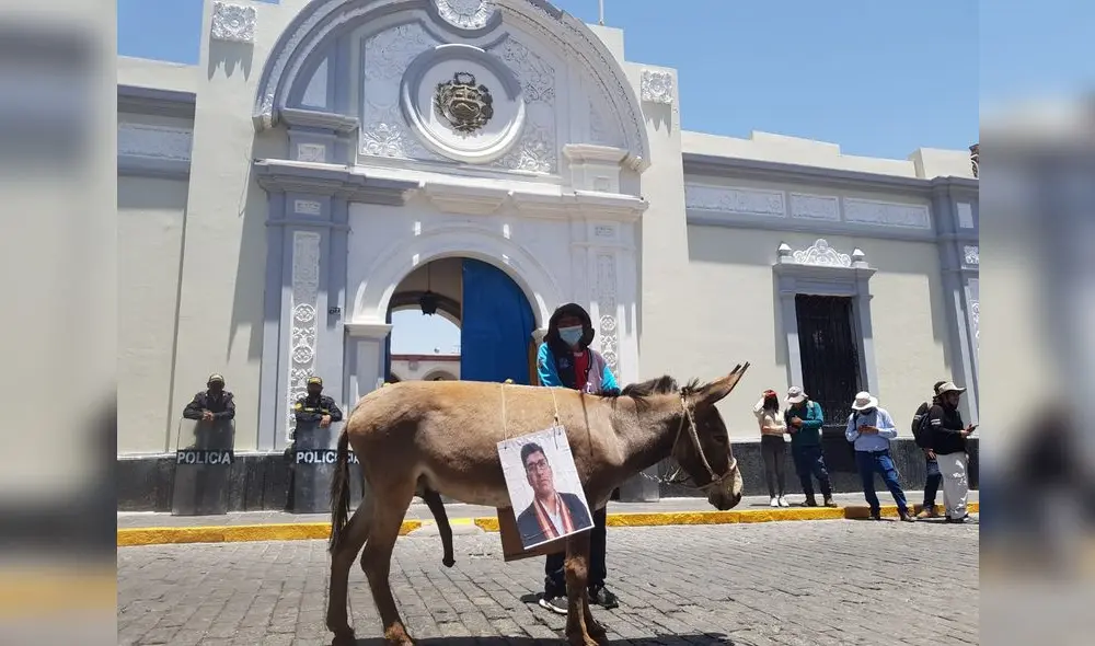 PLANTÓN. Un adolescente se presentó como alumno del colegio Independencia, llevó un asno al que le colocó imagen de Torres.