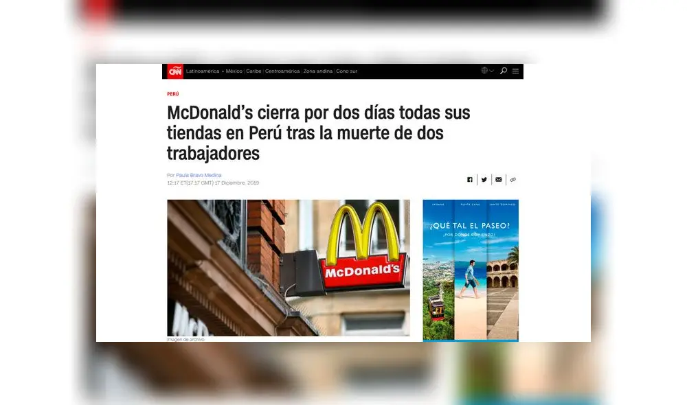 McDonald’s cierra por dos días todas sus tiendas en Perú tras la muerte de dos trabajadores, titula CNN. Foto: captura