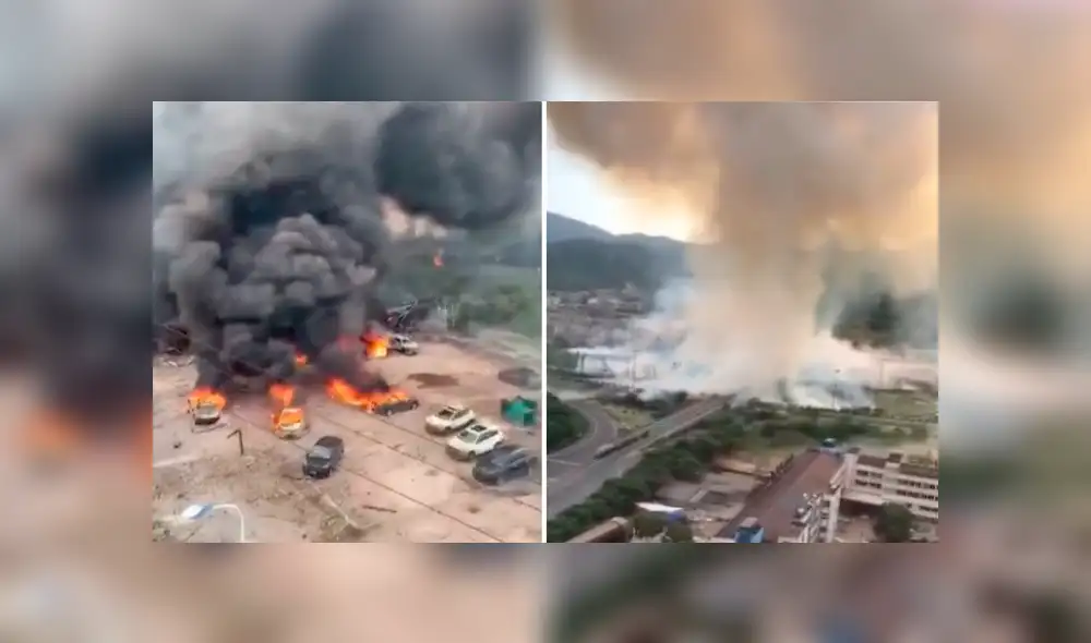 Preciso instante en que explotó el camión cisterna provocando sonidos estruendosos y fuego. Foto: Captura /Xinhua