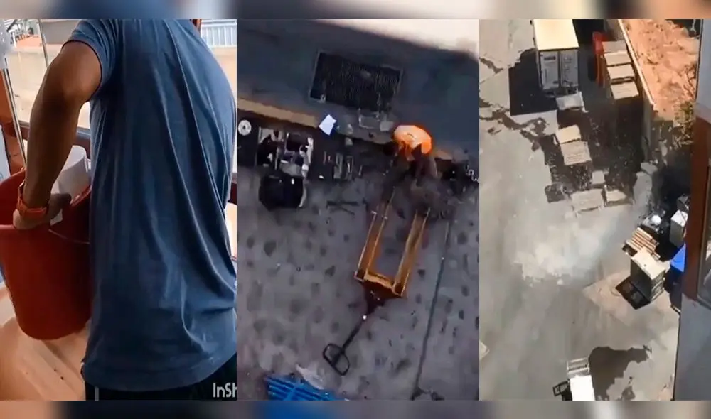 En el video se ve a los jóvenes arrojando agua a un trabajador desde un edificio. Foto: Captura de video.