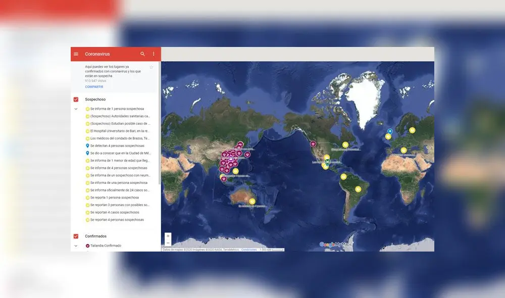 El mapa en tiempo real de Google Maps que sigue el avance del coronavirus.