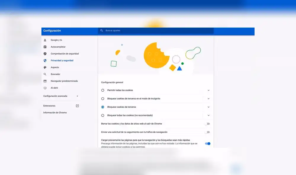 Nueva función de Google Chrome también permite bloquear y eliminar cookies de tercero. Nueva función de Google Chrome también permite bloquear y eliminar cookies de tercero.