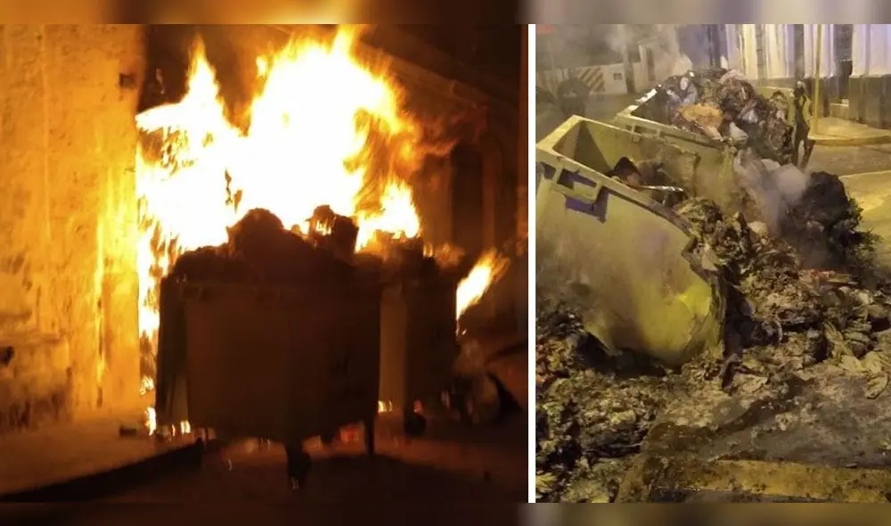 Tres contenedores de basura fueron quemados en el distrito de Yanahuara en Arequipa.