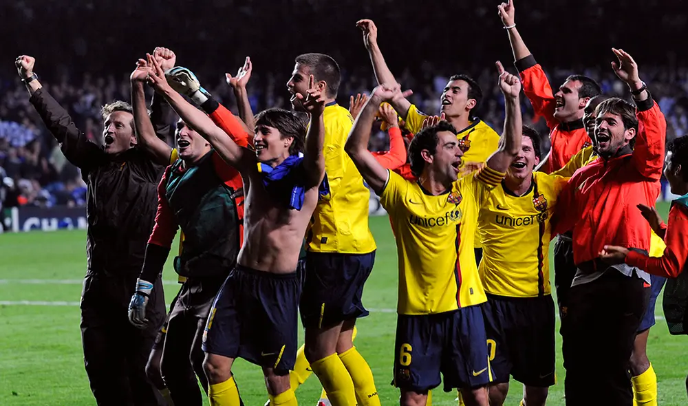 Jugadores del FC Barcelona celebrando el pase a la final de la Champions League 2008-2009. | Foto: AFP