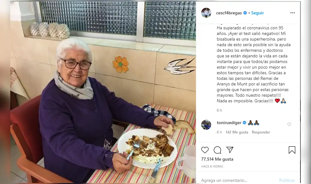 La emotiva carta de Fabregas a su bisabuela que superó el coronavirus con 95 años