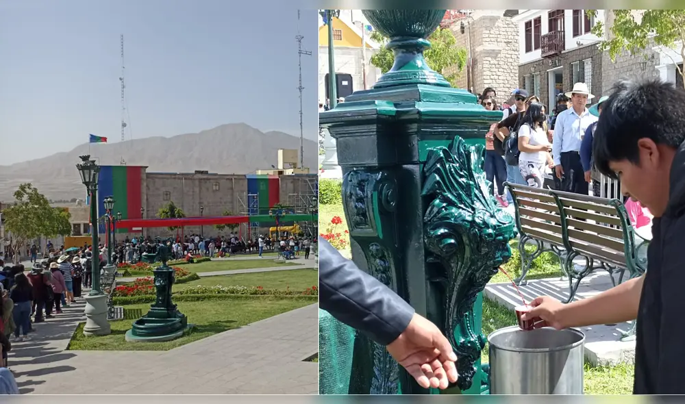 Largas colas se formaron en la plaza de armas de Moquegua para probar el pisco y vino de las piletas. Foto: Alexis Choque/La República Largas colas se formaron en la plaza de armas de Moquegua para probar el pisco y vino de las piletas. Foto: Alexis Choque/La República
