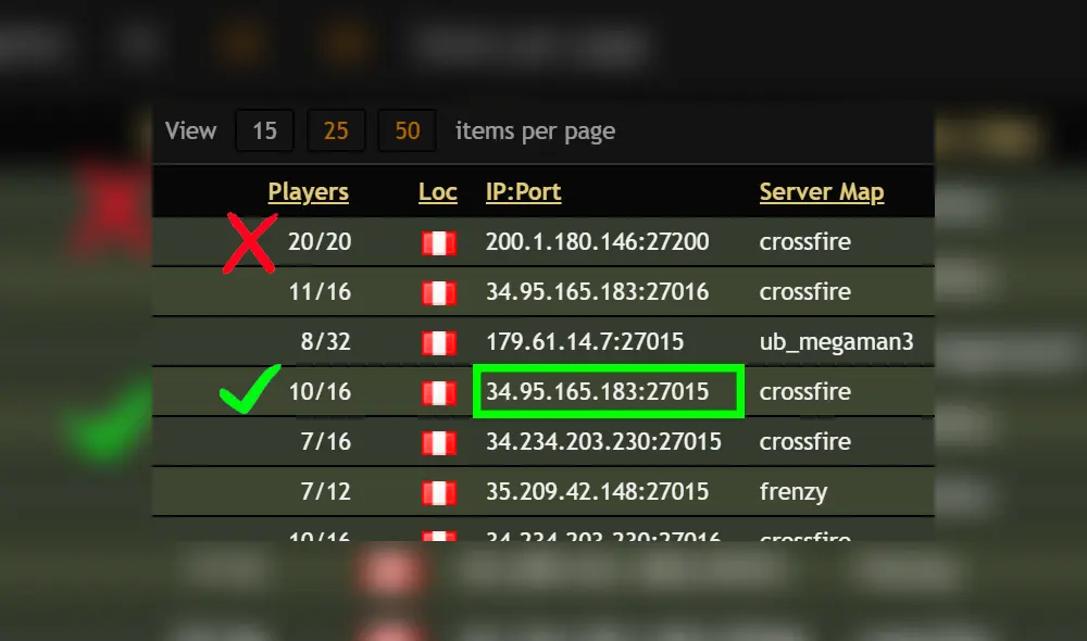 En la lista de servidores peruanos, ubica uno con espacios y copia la dirección IP.