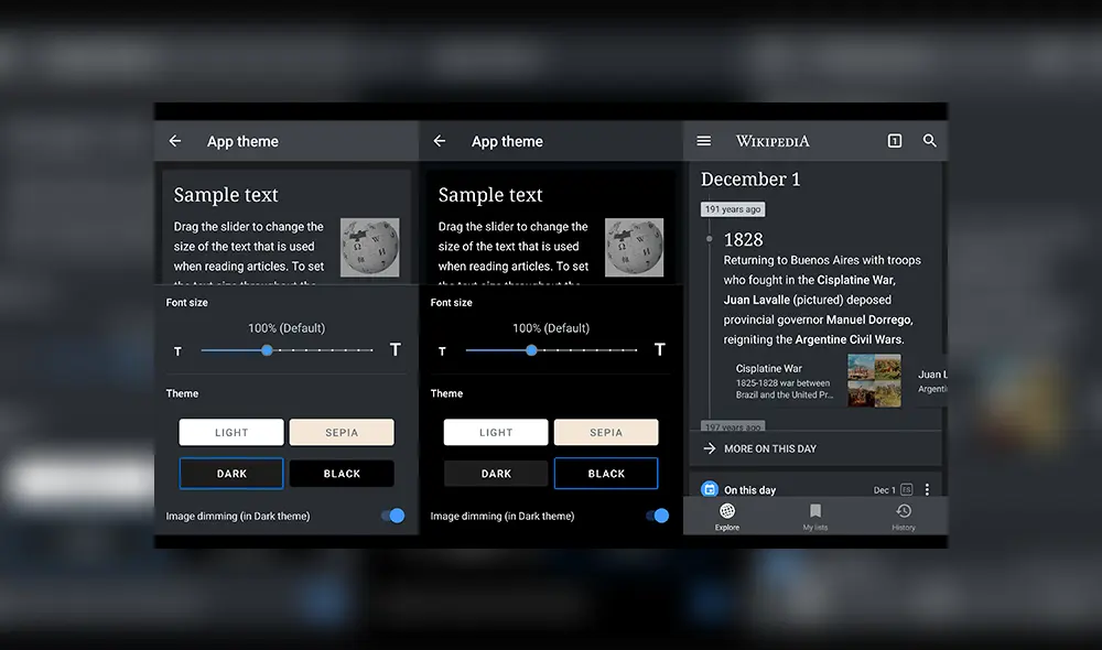 El modo oscuro de Wikipedia en Android. El modo oscuro de Wikipedia en Android.
