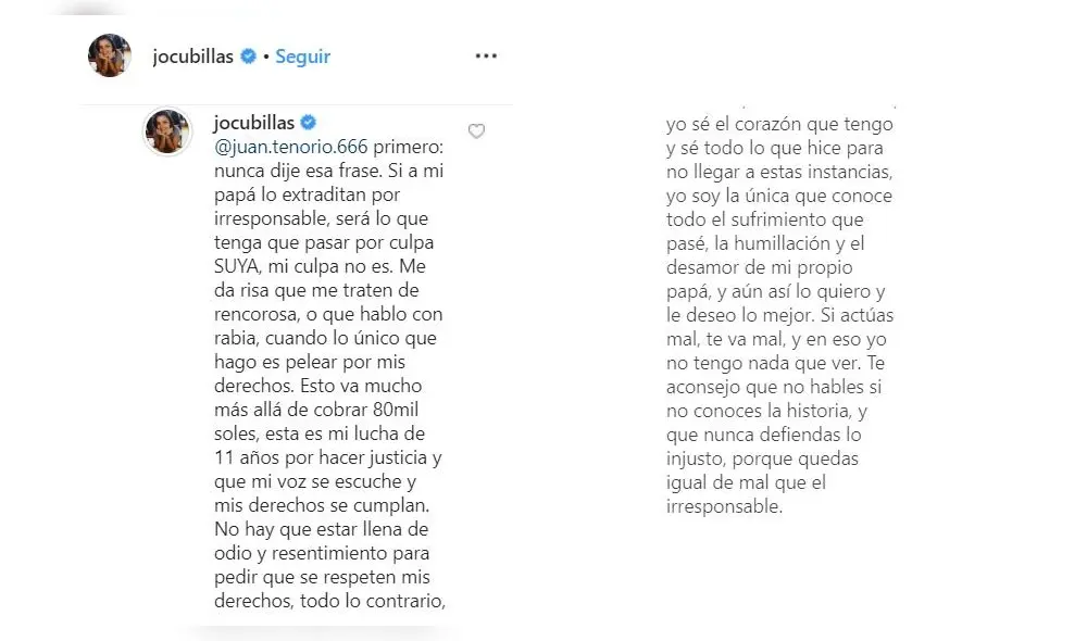 Johana Cubillas se defiende: “Soy la única que conoce la humillación y desamor de mi propio papá”
